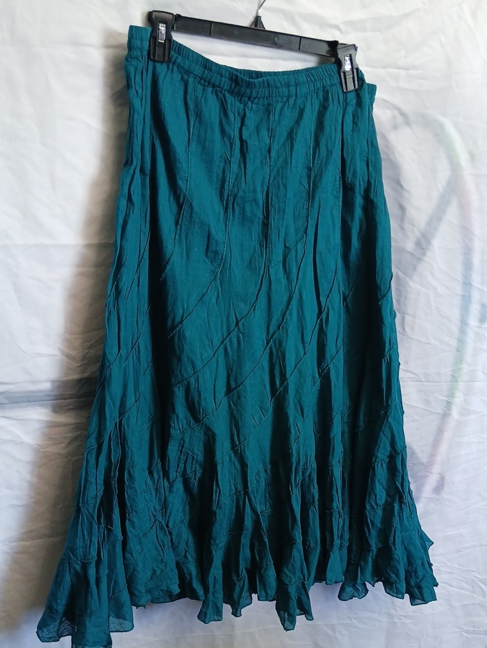 Teal Crinkle Maxi Skirt with Ruffle Hem - Women's Flowy Boho Style